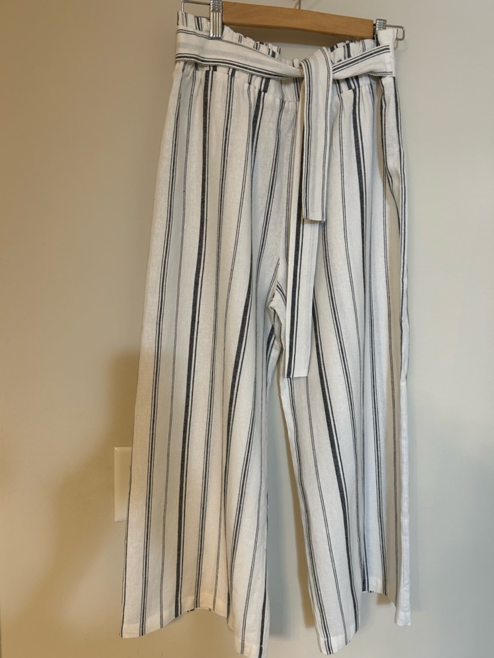 Ambiance Apparel White Striped Wide-Leg Cropped Linen Pants with Tie Waist